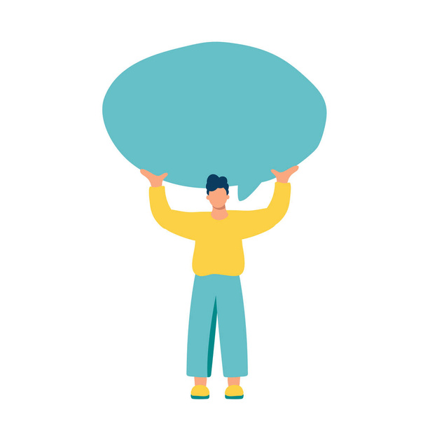 Young flat vector woman holding turquoise speech bubble. Concept of announcement, advertising, promotion, business, demonstration, empty template illustration. - ベクター画像