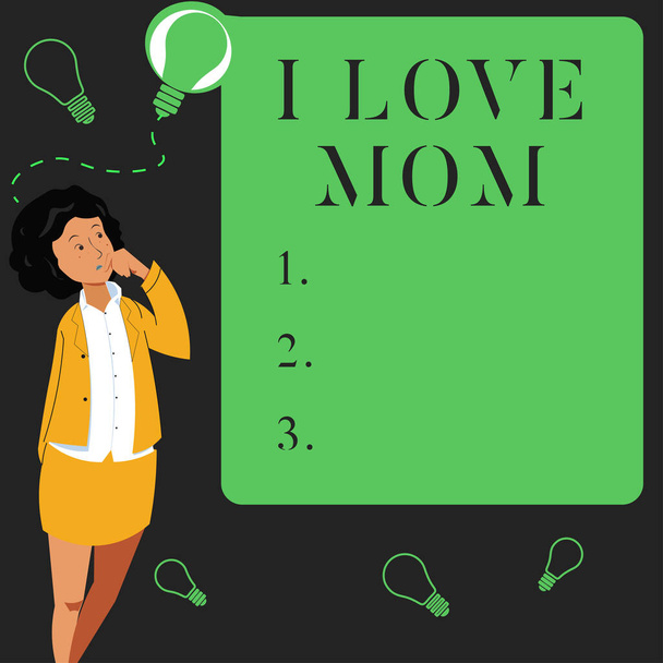 Hand writing sign I Love Mom, Word Written on Good feelings about my mother Affection loving happiness Businesswoman Standing Beside Board Presentation Thinking New Ideas - Fotoğraf, Görsel