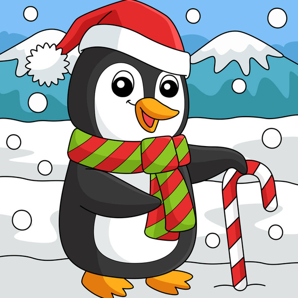 This cartoon clipart shows a Christmas Santa Penguin illustration. - Vector, Imagen
