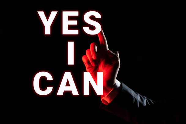 Writing displaying text Yes I Can, Word Written on Motivation to do something have the enough strength to keep going Businessman Pointing Important Infortmations With One Finger. - Photo, image