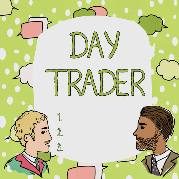 Text showing inspiration Day Trader, Internet Concept A person that buy and sell financial instrument within the day Team Members Looking At Whiteboard Brainstorming New Solutions. - Zdjęcie, obraz