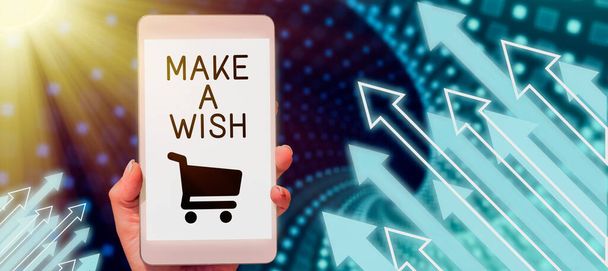 Writing displaying text Make A Wish, Word for To have dreams desires about future events Be positive Businessman Holding A Tablet On Hand With Arrows Going Up Abstract Design. - Photo, image