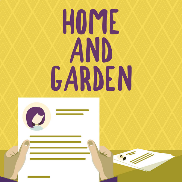 Text sign showing Home And Garden, Word for Gardening and house activities hobbies agriculture Hands Holding Resume Showing New Career Opportunities Open. - Fotoğraf, Görsel