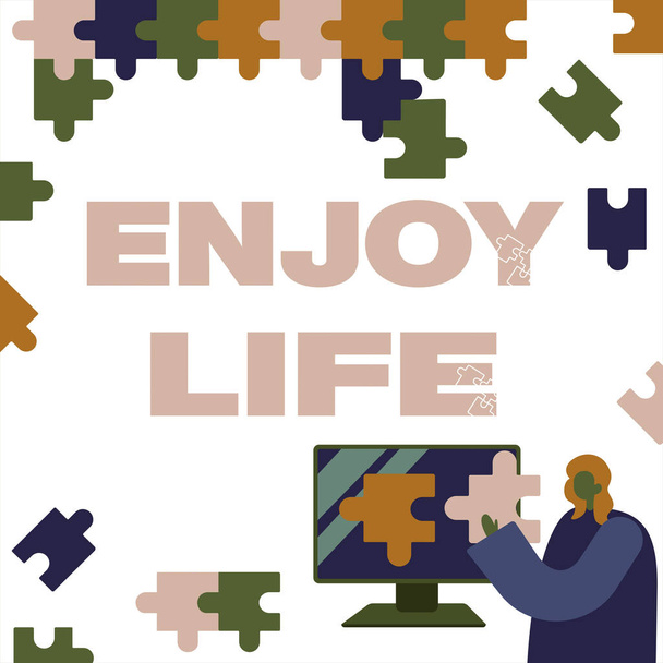 Handwriting text Enjoy Life, Concept meaning Any thing, place,food or person, that makes you relax and happy Lady Holding Puzzle Piece Representing Innovative Problem Solving Ideas. - Photo, Image