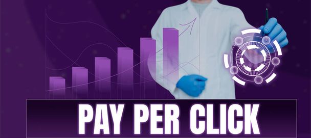 Εννοιολογική λεζάντα Pay per Click, Επιχειρηματική ιδέα Internet Διαφήμιση Μοντέλο Αναζήτηση Μηχανή μάρκετινγκ Στρατηγική Γιατρός Σημαδεύοντας Στυλό Σε Ψηφιακή Σφαίρα Με Γράφημα Για Business Branding. - Φωτογραφία, εικόνα