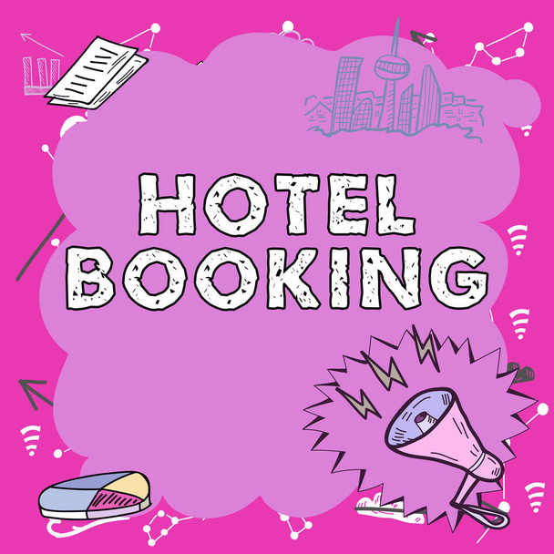 Conceptual display Hotel Booking, Επιχειρηματική επισκόπηση Online Reservations Presidential Suite De Luxe Hospitality Σημαντικά μηνύματα που παρουσιάζονται στο πλαίσιο με Megaphone, Διάγραμμα και Skyline. - Φωτογραφία, εικόνα
