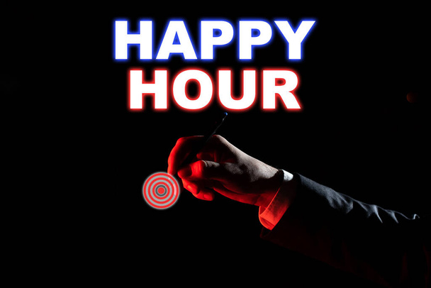 Handwriting text Happy Hour, Business idea Spending time for activities that makes you relax for a while Businessman Pointing Important Informations With Pen In Hand. - Fotó, kép