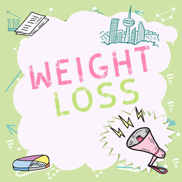 Text showing inspiration Weight Loss, Business idea Decrease in Body Fluid Muscle Mass Reduce Fat Dispose Tissue Important Messages Presented In Frame With Megaphone, Chart And Skyline. - Foto, Bild