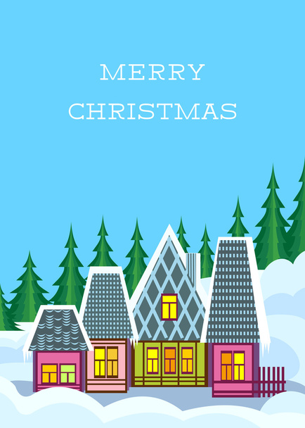 Small Colorful Winter Village At Merry Christmas Card - Vetor, Imagem
