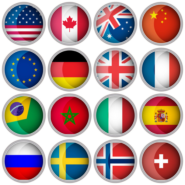 Joukko kiiltäviä painikkeita tai kuvakkeita lippuja suosittuja maita
 - Vektori, kuva