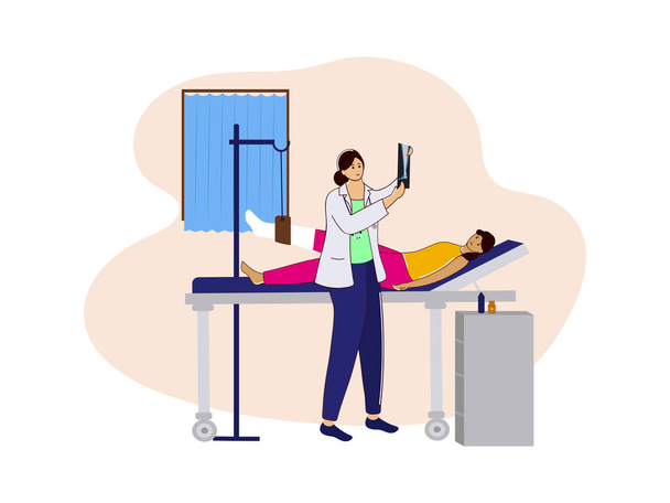 Vector Illustration Of Female Doctor Looking Bone X Ray Report For A Patient Lying With Fractured Leg On Bed In Hospital Room. - Wektor, obraz