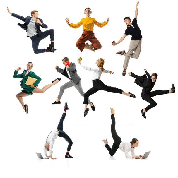 Marketing department in action. Group of office workers jumping and dancing in casual clothes and business suit in motion over white background. Business, start-up, team building. Creative collage. - Photo, image