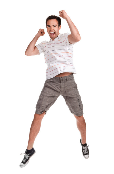 młody człowiek szczęśliwy, skoki na biały - Zdjęcie, obraz