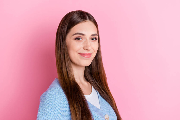 Photo of pretty beautiful adorable woman with long hairdo dressed blue pullover smiling on camera isolated on pink color background. - Fotoğraf, Görsel