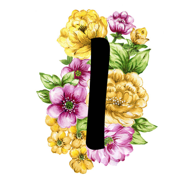 Floral ornate letters flowers pink, yellow vintage font and flower ornaments alphabet. Royal ornate abc, flourishes decor elegant letter or antique alphabet illustration set - Photo, image