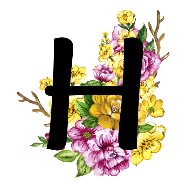 Floral ornate letters flowers pink, yellow vintage font and flower ornaments alphabet. Royal ornate abc, flourishes decor elegant letter or antique alphabet illustration set - Foto, Imagem