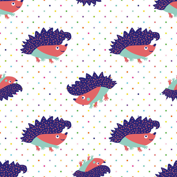 Cute vector spiky, prickly, hedgehog seamless pattern background. Kawaii hedgehogs on polka dot backdrop. Colorful fun cartoon character forest animal wandering about. Adorable critters for children - Wektor, obraz