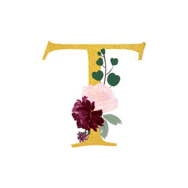 Botanical ornate letters flowers gold color and botanical boho font and flower ornaments alphabet. Royal ornate abc, flourishes decor elegant letter or antique alphabet illustration set - Foto, Bild