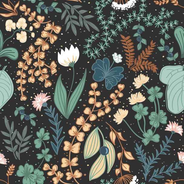 Cute wild flowers and herbs seamless pattern. Autumn vintage background for creating textiles, fabrics, paper, wallpapers. Dark background. Vector illustration  - Vettoriali, immagini