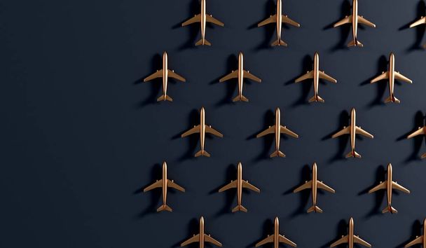Luxury gold airplane against a dark background. VIP travel concept. 3D Rendering. - Valokuva, kuva