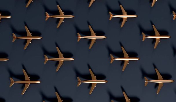 Luxury gold airplane against a dark background. VIP travel concept. 3D Rendering. - Fotoğraf, Görsel