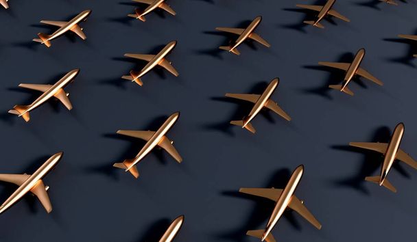 Luxury gold airplane against a dark background. VIP travel concept. 3D Rendering. - Foto, afbeelding