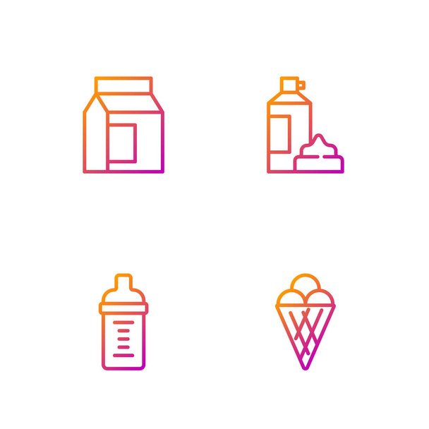 Set line Ice cream in waffle cone, Baby milk bottle, Paper package for and Whipped. Gradient color icons. Vector. - Vektor, kép