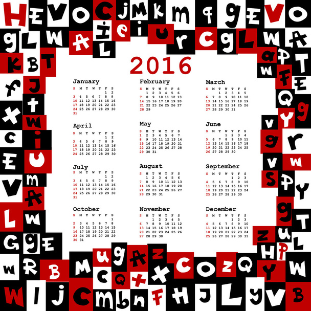 2016 calendario con letras
 - Vector, imagen