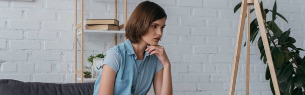 pensive brunette woman sitting in living room at home, banner - Foto, afbeelding