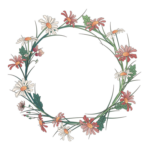 Vector circle floral wreath with wildflowers, leaves and grass. Illustration of daisy flower. Garland for flower shop design, decoration of invitations, cards, posters. Place for text. - Vector, Image
