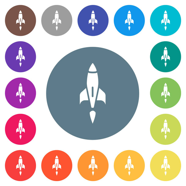 Rocket iconos blancos planos sobre fondos de color redondo. 17 variaciones de color de fondo se incluyen. - Vector, Imagen