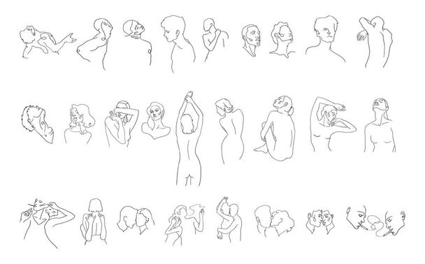 Μινιμαλιστικό γραμμικό σύνολο απεικονίσεων γυναικών, ανδρών, ζευγαριών. Γραμμή τέχνη ήπια σχέδια των ανθρώπων για ένα σαλόνι ομορφιάς, spa, κατάστημα εσωρούχων και κλπ - Διάνυσμα, εικόνα