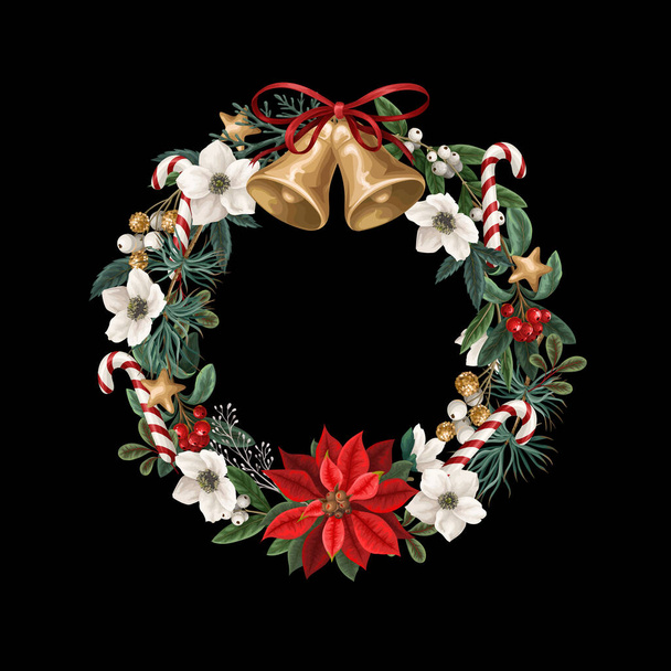 Χριστουγεννιάτικο στεφάνι με βοτανικά φυτά, λουλούδια και καμπάνες απομονωμένα. Υφάσματα ή ταπετσαρίες εκτύπωσης. - Διάνυσμα, εικόνα
