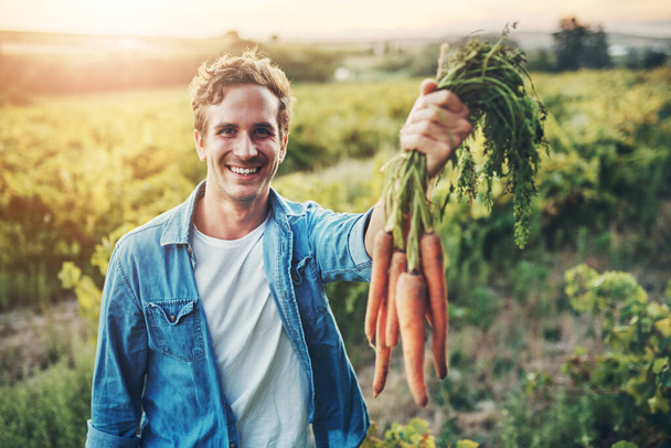 This is what time and effort looks like. Cropped portrait of a handsome young man holding a bunch of carrots and smiling with his farm in the background - Fotografie, Obrázek
