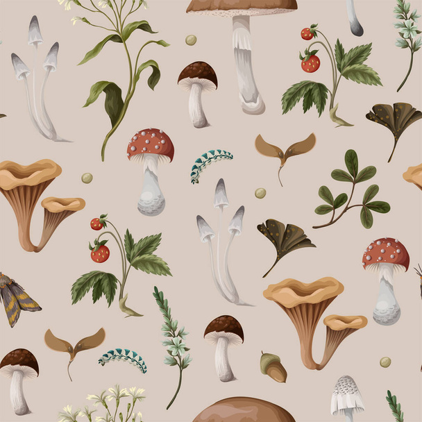 Autumn seamless pattern with mushrooms, berries and bugs. Natural trendy print - Vektor, Bild