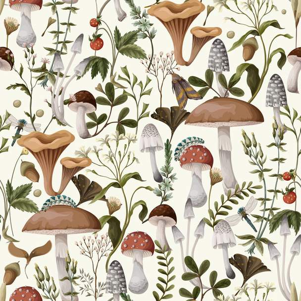 Autumn seamless pattern with mushrooms, berries and bugs. Natural trendy print. - Wektor, obraz