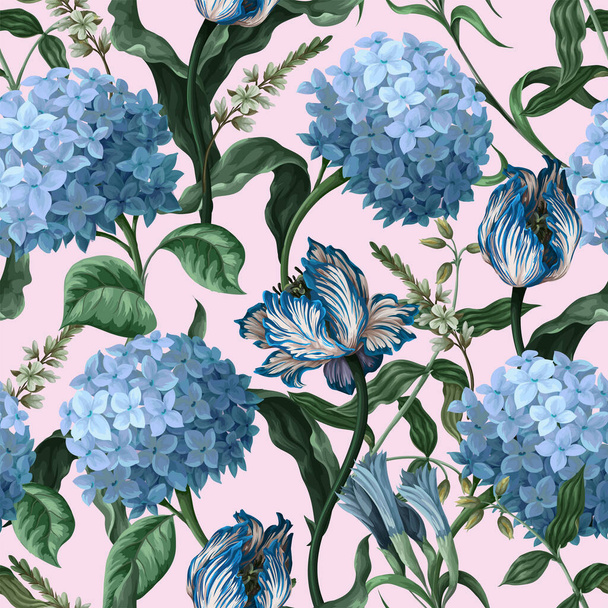 Seamless botanical pattern with hydrangeas and other flowers. Vector. - Vector, Imagen