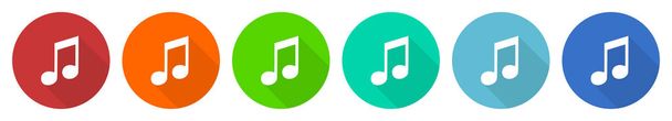 Music icon set, flat design vector illustration in 6 colors options for webdesign and mobile applications - Διάνυσμα, εικόνα