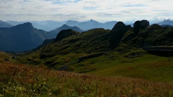 Panorama of the mountains in summer. Time lapse of mountains, sky, clouds and train. Landscape of Rochers de Naye, Montreux, Switzerland. Travel destinations. - Metraje, vídeo