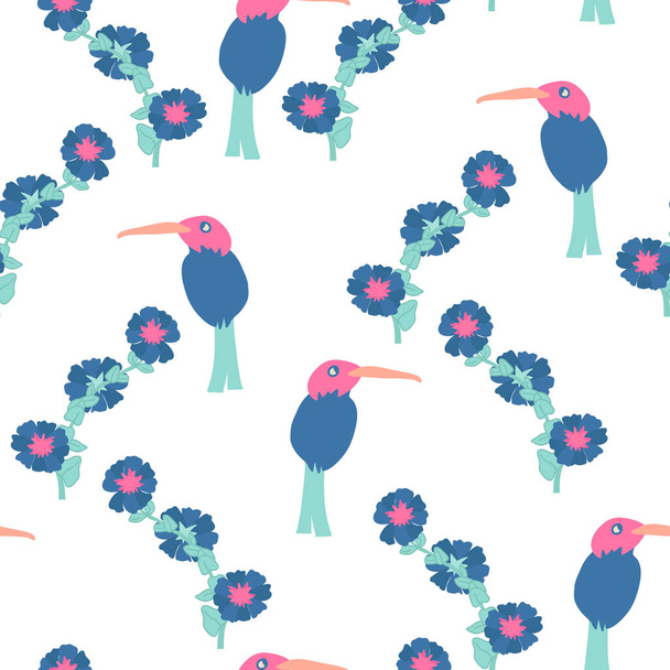 Seamless decorative elegant pattern with cute blue flowers and birds. Print for textile, wallpaper, covers, surface. Retro stylization. For fashion fabric. - Vektor, Bild