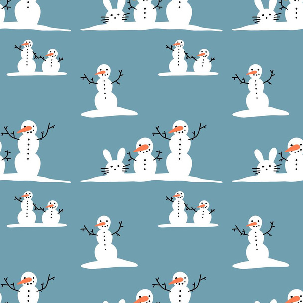 Winter seamless snowman and snowflakes pattern for Christmas wrapping paper and kids notebooks and accessories and fabrics. High quality illustration - Photo, image