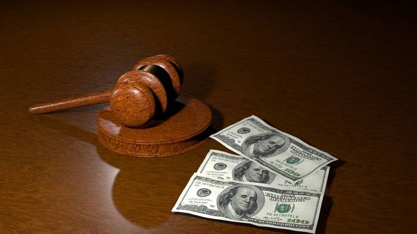 Corruption concept. Gavel knocking on the stand in court. Dishonest judge. Bribe. 3D render. - Fotografie, Obrázek