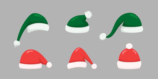 Christmas Santa hats set for photo prop box. Vector stock illustration isolated on grey background for photobooth winter holiday industry.  - Vector, Imagen