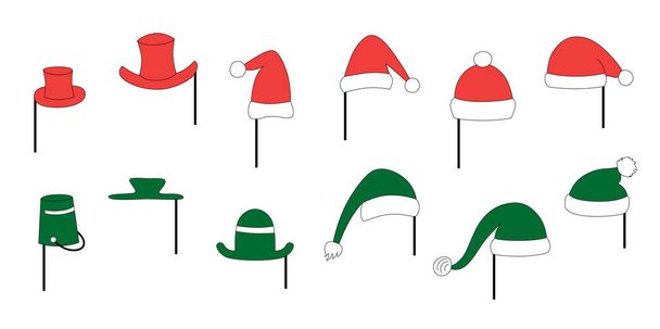 Christmas Santa hats set for photo prop box. Vector stock illustration isolated on white background for photobooth winter holiday industry.  - Vektor, obrázek