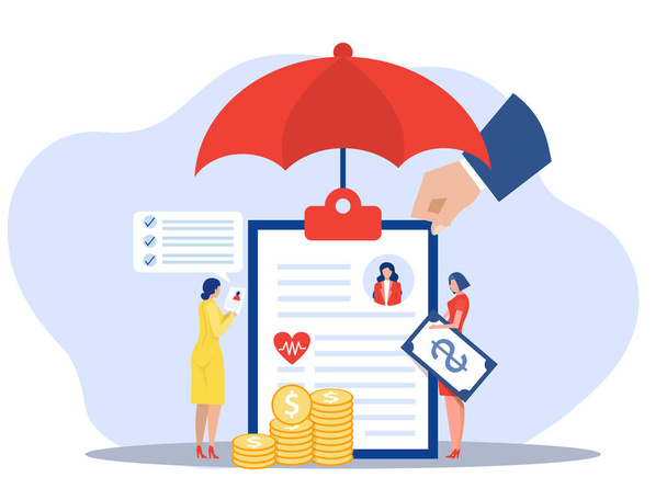 health insurance concept ,Woman analyze about health insurance and doctor under an umbrella with medications and documents.flat vector illustration  - Vector, Image