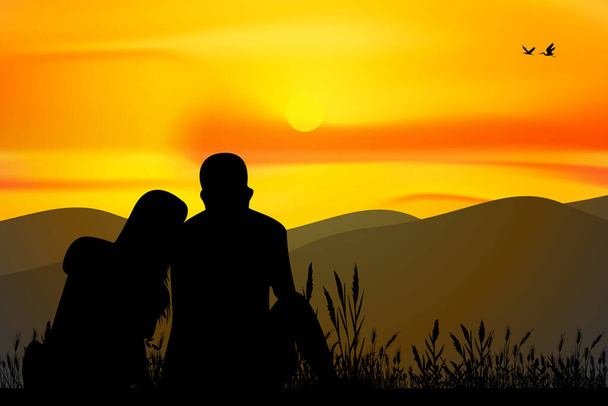 cute couple with sunset silhouette - Vektor, Bild