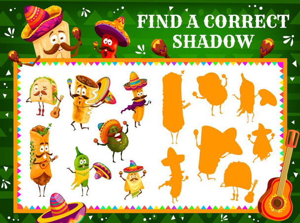 Найти правильную тень мультфильма мексиканские тако, авокадо и энчиладас, буррито и начос, чуррос и халапеньо символов. Дети находят игру теней или загадку вектора с соответствующей активностью - Вектор,изображение