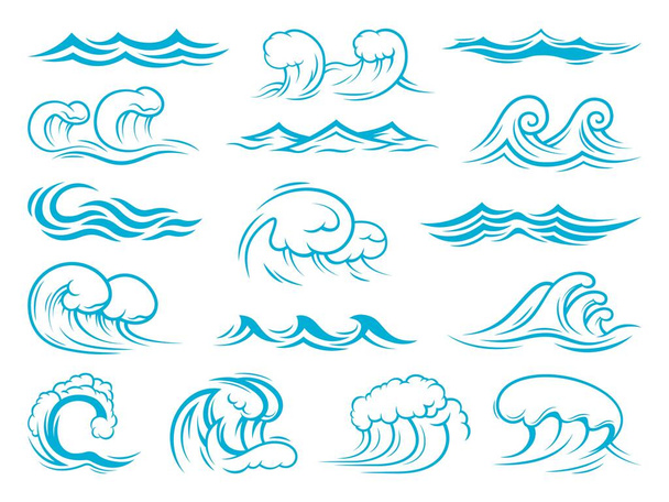 Sea and ocean wave icons, tsunami, surf waves. Isolated vector set of blue turquoise splashes, ripples, curling and breaking. Marine and nautical storm symbols, foamy swirls, tide wave elements - Vettoriali, immagini