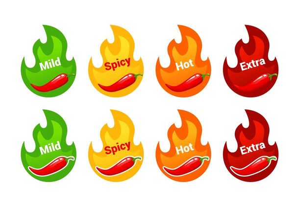 Hot spicy level labels with fire flames. Tabasco sauce or cayenne pepper spicy scale with fire flames. Ketchup, hot spice or meal taste meter icons, vector indicators or stickers - Vecteur, image