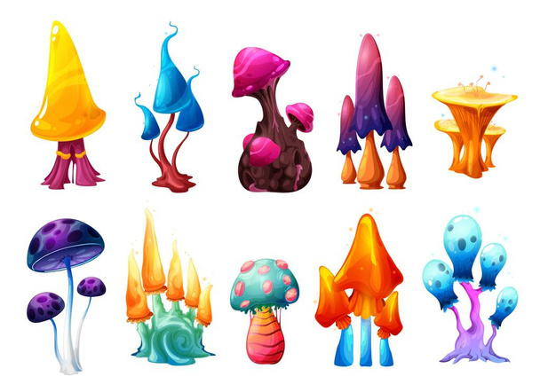 Magic fairy cartoon mushrooms set. Vector fantasy toadstools, hallucinogenic fungi, isolated alien unusual plants with curve stipes and odd colorful caps. Natural poisonous fairytale game asset - Vektor, kép